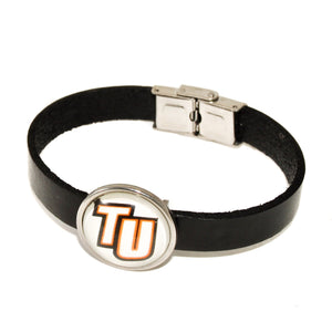 black leather TU Tusculum University bracelet with silver clasp