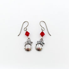 silver "I Dig" volleyball charm earrings with red Swarovski crystal bicone beads and titanium ear wires