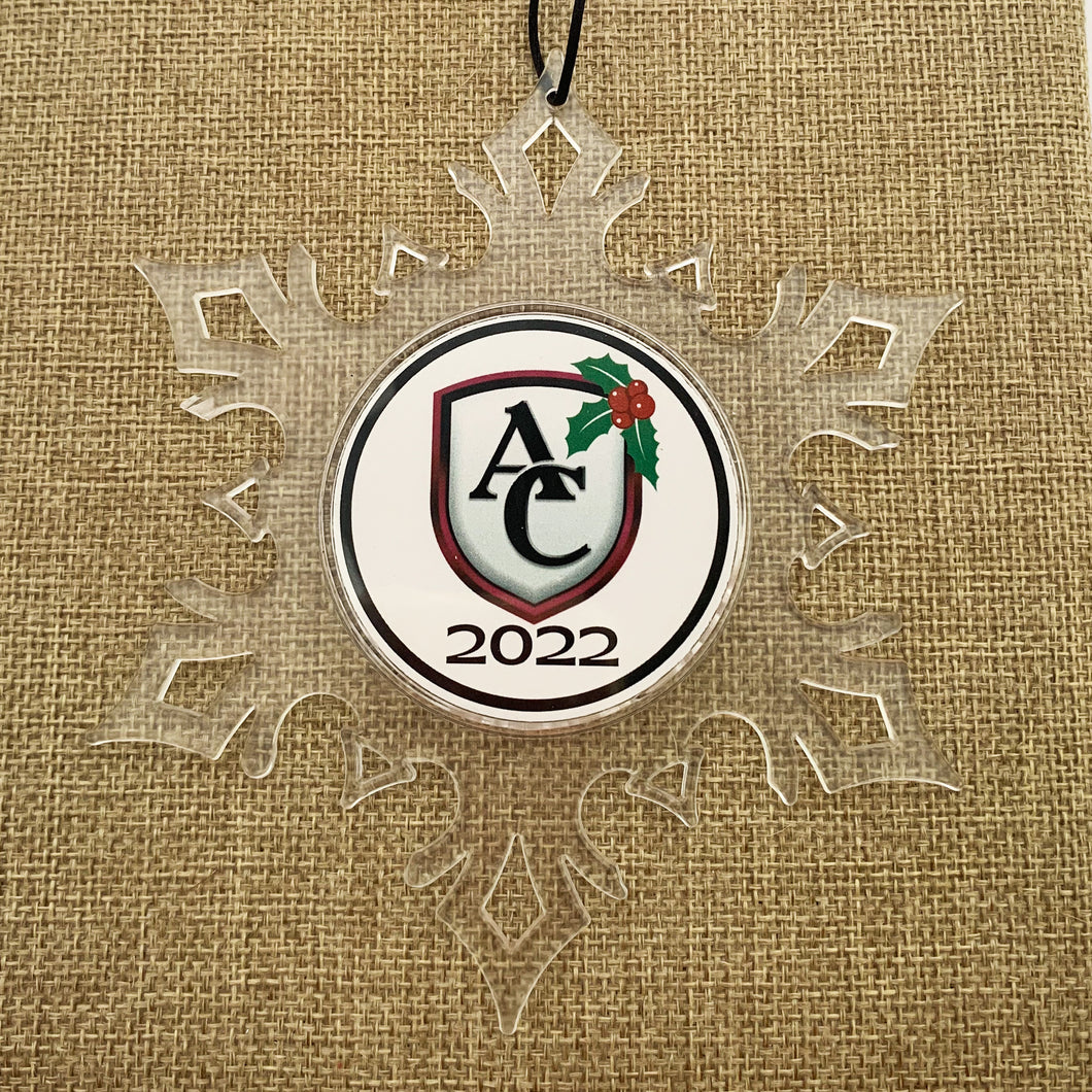personalized acrylic snowflake ornament featuring the Archbishop Curley high school logo and the year 2022