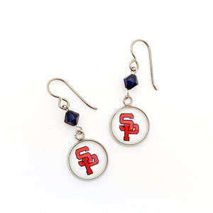 custom south panola high school charm earrings with navy blue Swarovski crystal beads