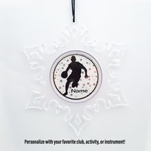 personalized acrylic snowflake ornament with male basketball silhouette, text name, and snowflakes background