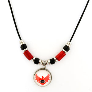 custom Sonoraville high school black leather cord pendant necklace with red and black greek ceramic beads
