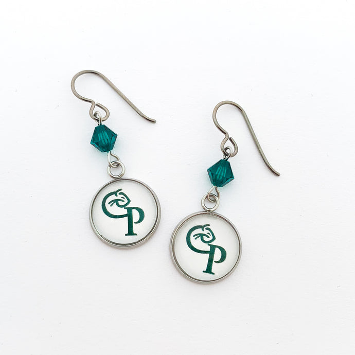 custom Comstock high school charm earrings with green Swarovski crystal beads