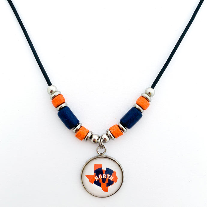 custom McKinney North High school leather cord necklace with navy and orange beads and stainless steel spacers