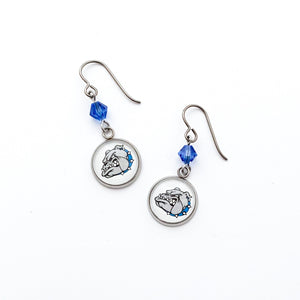custom Belgreen Bulldogs charm earrings with sapphire blue Swarovski crystal beads
