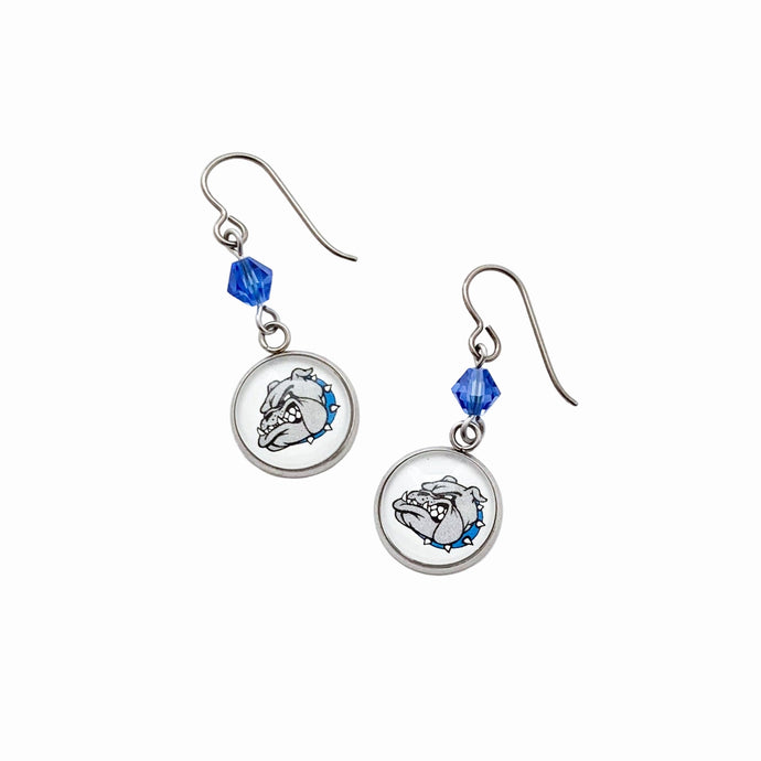 custom Belgreen Bulldogs charm earrings with sapphire blue Swarovski crystal beads and niobium ear wires