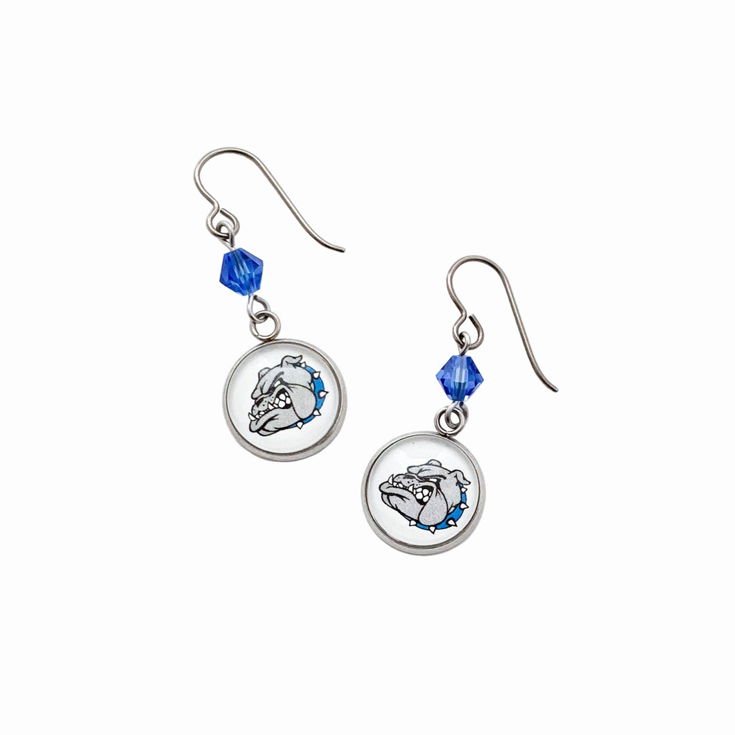 custom Belgreen Bulldogs charm earrings with sapphire blue Swarovski crystal beads and niobium ear wires