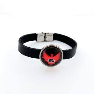 custom stainless steel Sonoraville slide charm on black leather strap bracelet