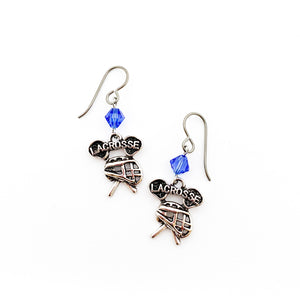 silver lacrosse charm earrings with sapphire blue Swarovski crystal bead accents