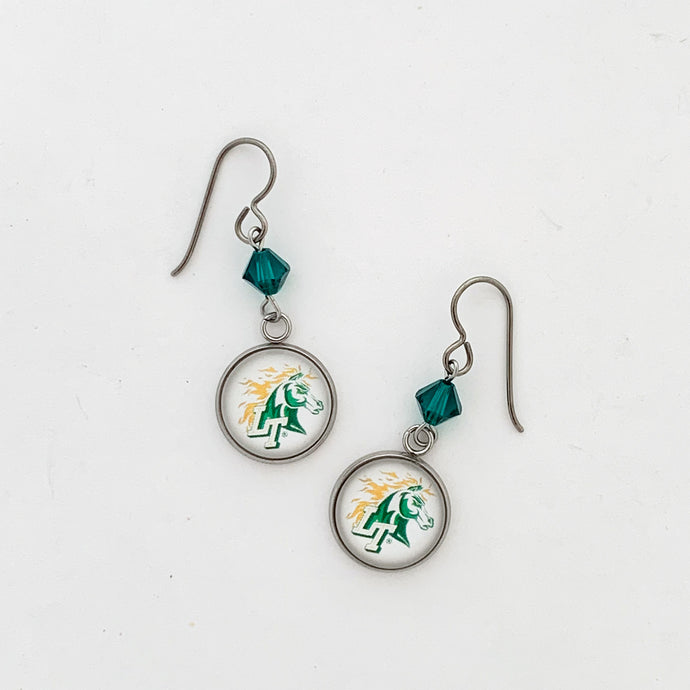 custom lebanon trail high school charm earrings with green swarovski crystals
