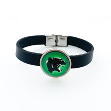 custom stainless steel Comstock high school panther slide charm on black 10 mm flat leather strap bracelet