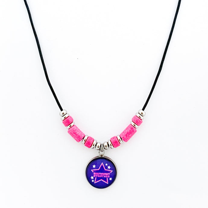 custom Southwest GymStars leather cord necklace with pink greek ceramic tube beads