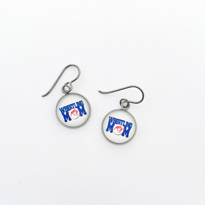 stainless steel wrestling mom charm earrings with niobium ear wires