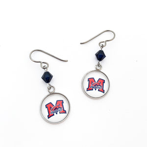 custom McKinney Boyd high school charm earrings with navy Swarovski crystal bicone beads