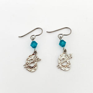 silver art palette charm earrings with 6 mm blue zircon Swarovski crystal bicone beads