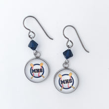 custom McKinney high school baseball charm earrings with navy Swarovski crystal bicone beads