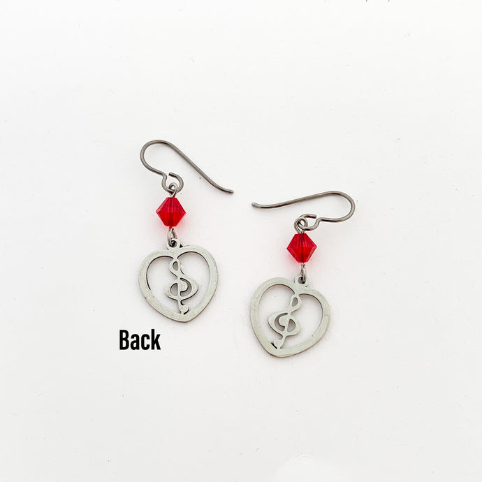 stainless steel G clef charm earrings with red Swarovski crystal bicone beads
