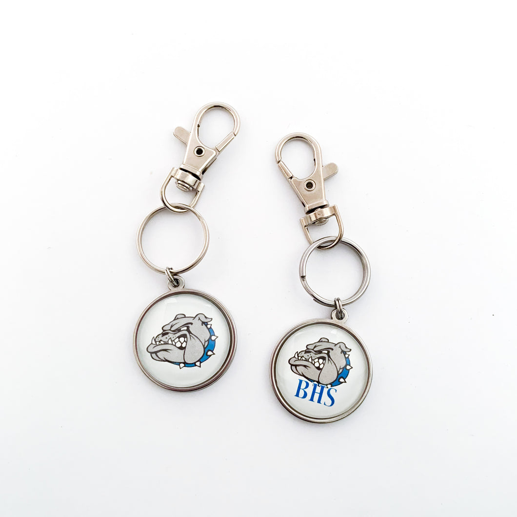 two stainless steel keychains with swivel clips, both with Belgreen Bulldogs BHS logo