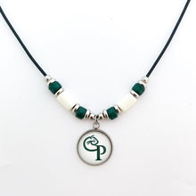custom Comstock high school pendant black leather cord necklace with white and green ceramic tube beads