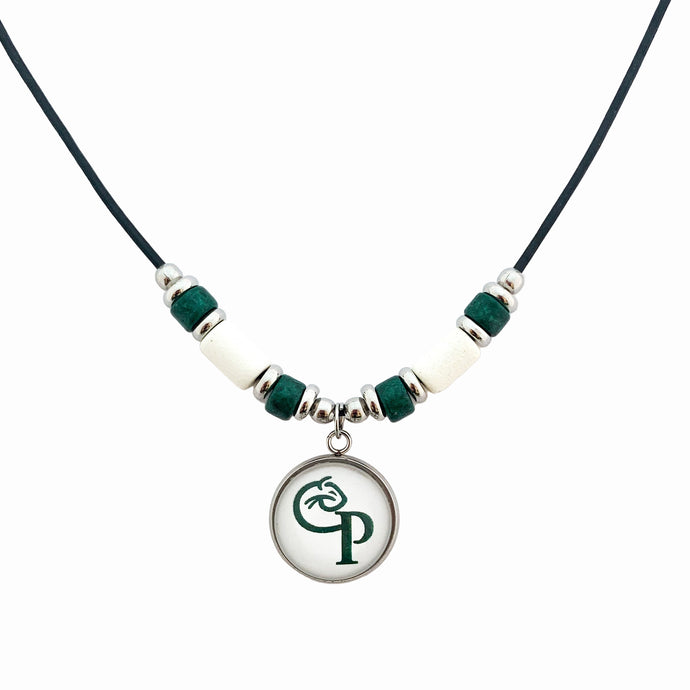 custom Comstock high school pendant black leather cord necklace with white and green ceramic tube beads