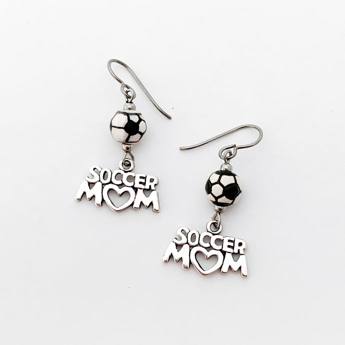 silver soccer mom charm earrings with ceramic soccer ball beads