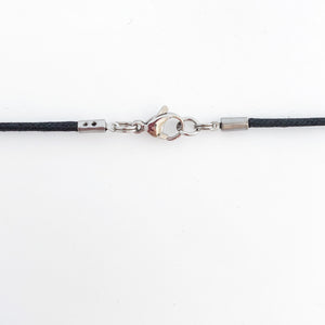 stainless steel lobster claw clasp on black cotton cord