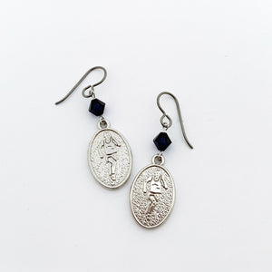 silver embossed runner charm earrings with black Swarovski crystal bead accents