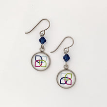 Sherwin Williams women's Club charm earrings with navy blue Swarovski crystal beads