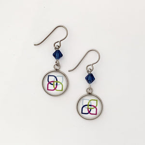 Sherwin Williams women's Club charm earrings with navy blue Swarovski crystal beads