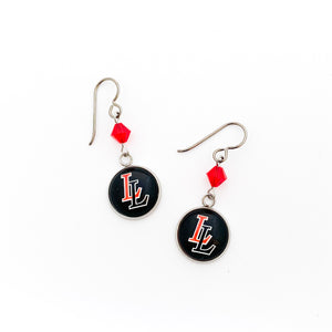 custom Lovejoy leopards earrings with red Swarovski crystal beads and niobium ear wires