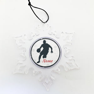 custom personalized acrylic snowflake ornament featuring male basketball player silhouette