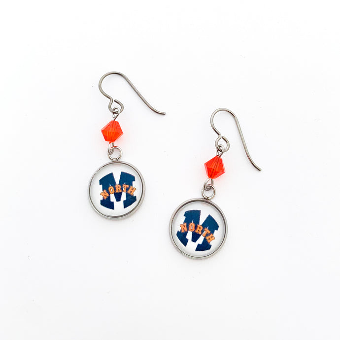 custom mcKinney north high school charm earrings with orange Swarovski crystal beads and niobium ear wires
