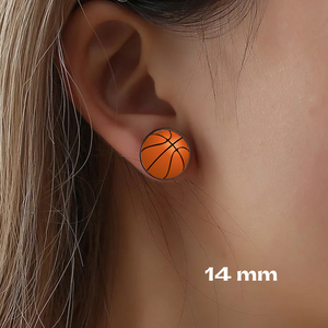 young white female wearing 14 mm basketball stud earrings
