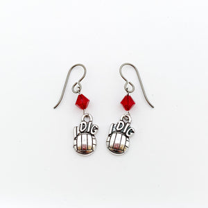 silver "I Dig" volleyball charm earrings with red Swarovski crystal bicone beads