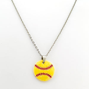 ceramic softball pendant necklace on stainless steel curb chain