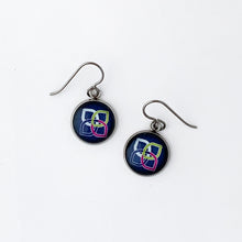 stainless steel Sherwin Williams Women's Club charm earrings in navy blue and niobium ear wires