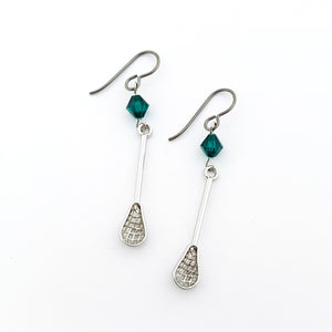 silver lacrosse stick charm earrings with emerald green Swarovski crystal bead accents