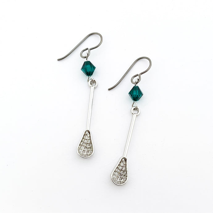 silver lacrosse stick charm earrings with emerald green Swarovski crystal bead accents