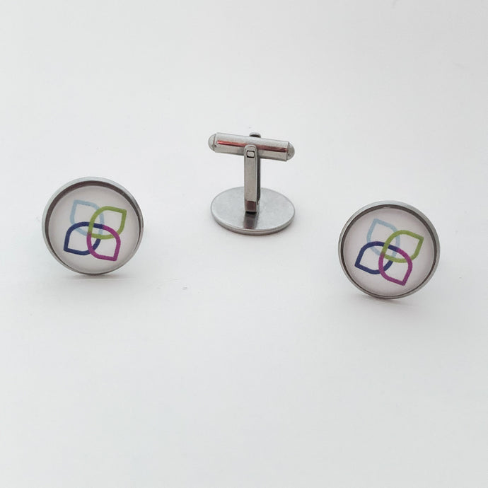 stainless steel cuff links with white Sherwin Williams Women's Club logo