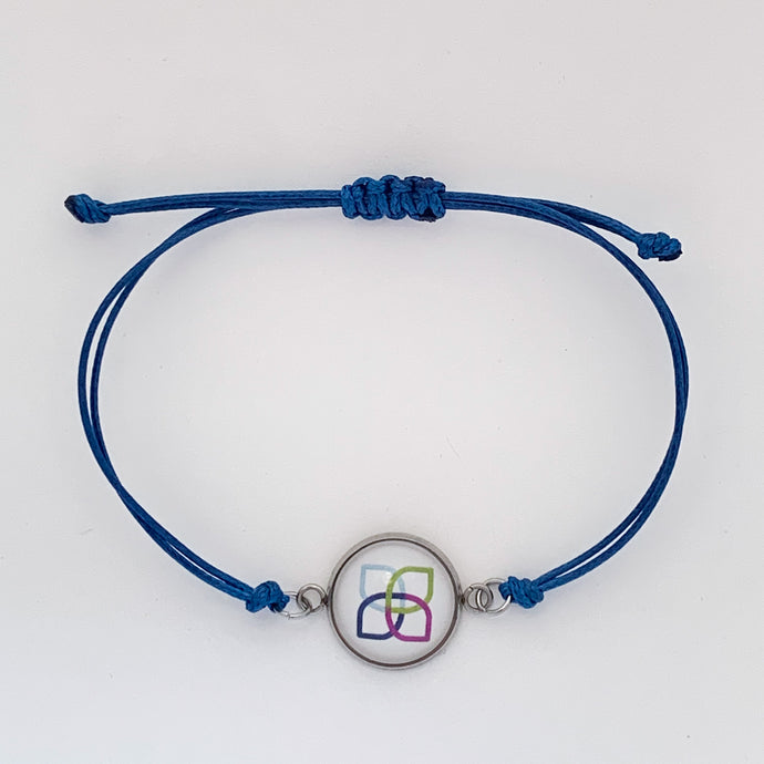 blue adjustable cotton cord friendship bracelet with white Sherwin Williams Women's Club logo