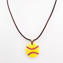 ceramic softball pendant necklace on black leather cord