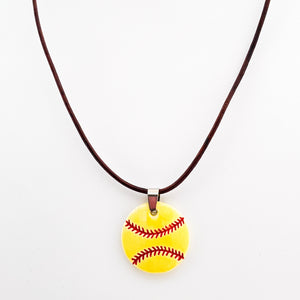 ceramic softball pendant necklace on black leather cord