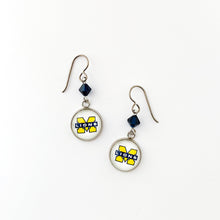 custom McKinney high school charm earrings with navy blue Swarovski crystal beads