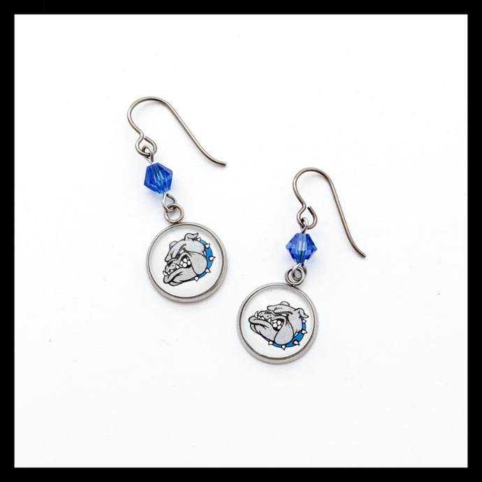 custom Belgreen Bulldogs stainless steel charm earrings with blue swarovski crystals