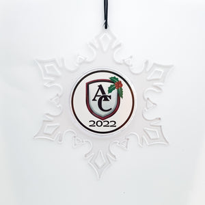 personalized acrylic snowflake ornament featuring the Archbishop Curley high school logo and the year 2022 on a white background