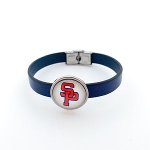 custom South Panola high school slide charm on blue leather strap bracelet