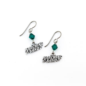 silver marching band charm earrings with emerald green Swarovski crystal bicone bead accents