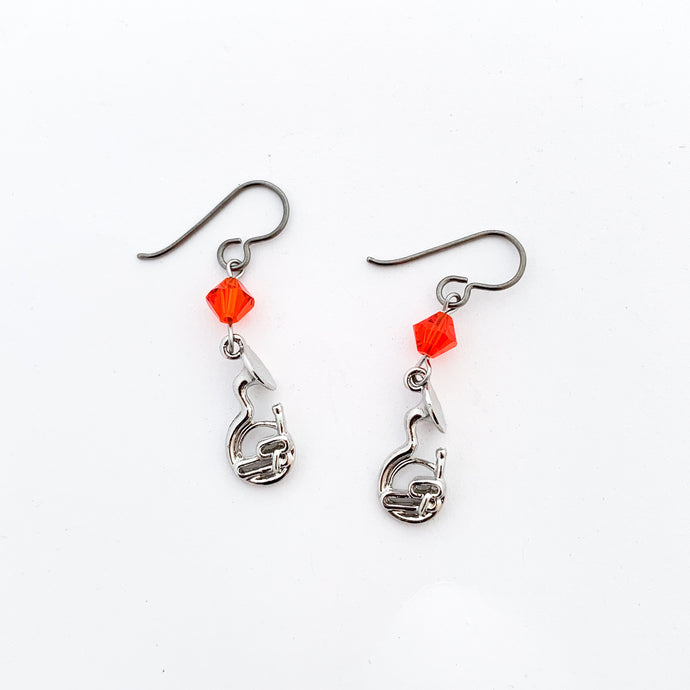 silver tuba charm earrings with 6 mm orange hyacinth Swarovski crystal bicone beads