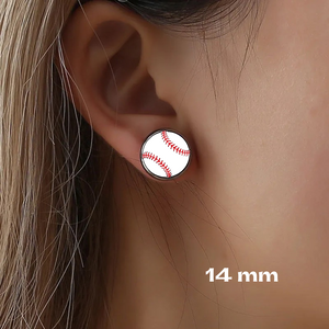 young white female wearing 14 mm baseball stud earrings