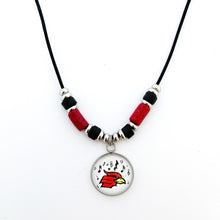 custom Four Oaks cardinals chorus pendant and black leather cord necklace with red and black tube beads